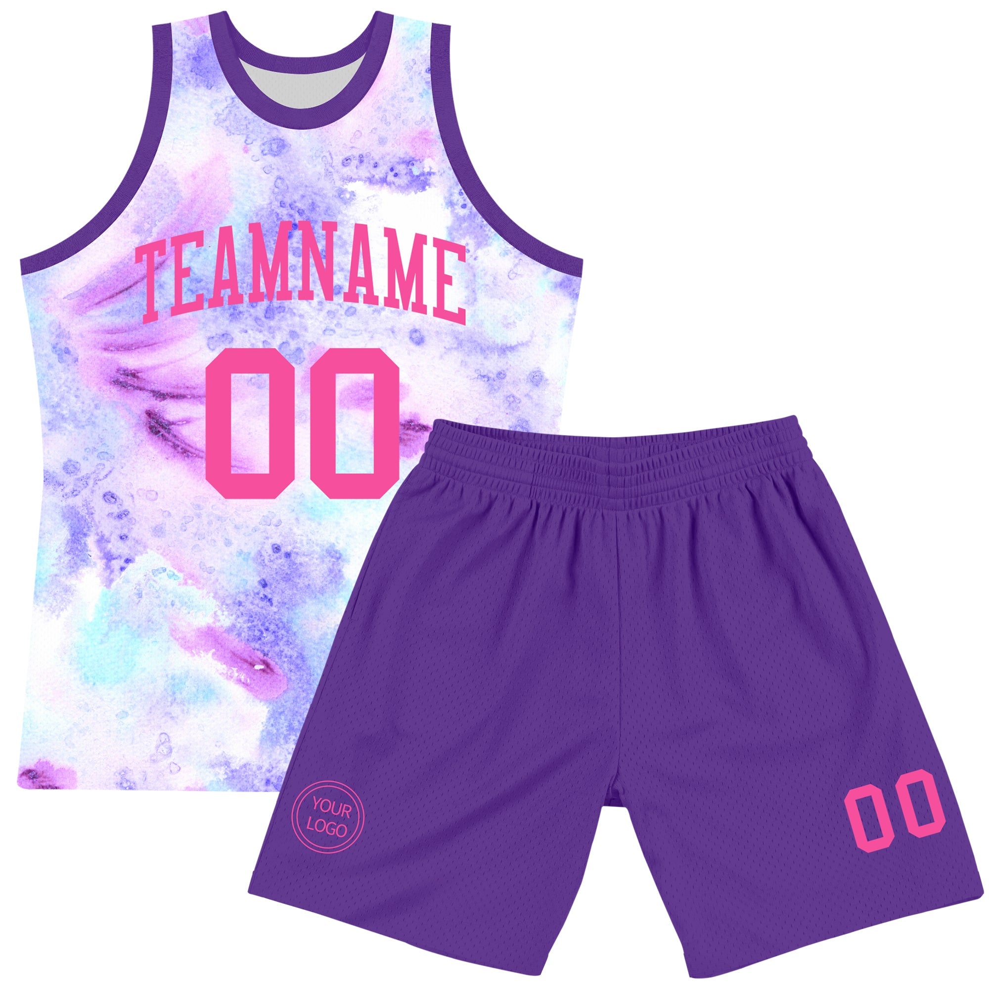 Custom Tie Dye Pink-Purple Round Neck Sublimation Basketball Suit Jersey