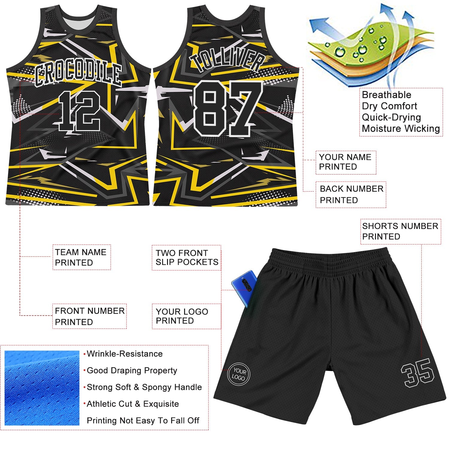 Custom Black Gold-White Line Round Neck Sublimation Basketball Suit Jersey