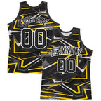 Custom Black Gold-White Line Round Neck Sublimation Basketball Suit Jersey