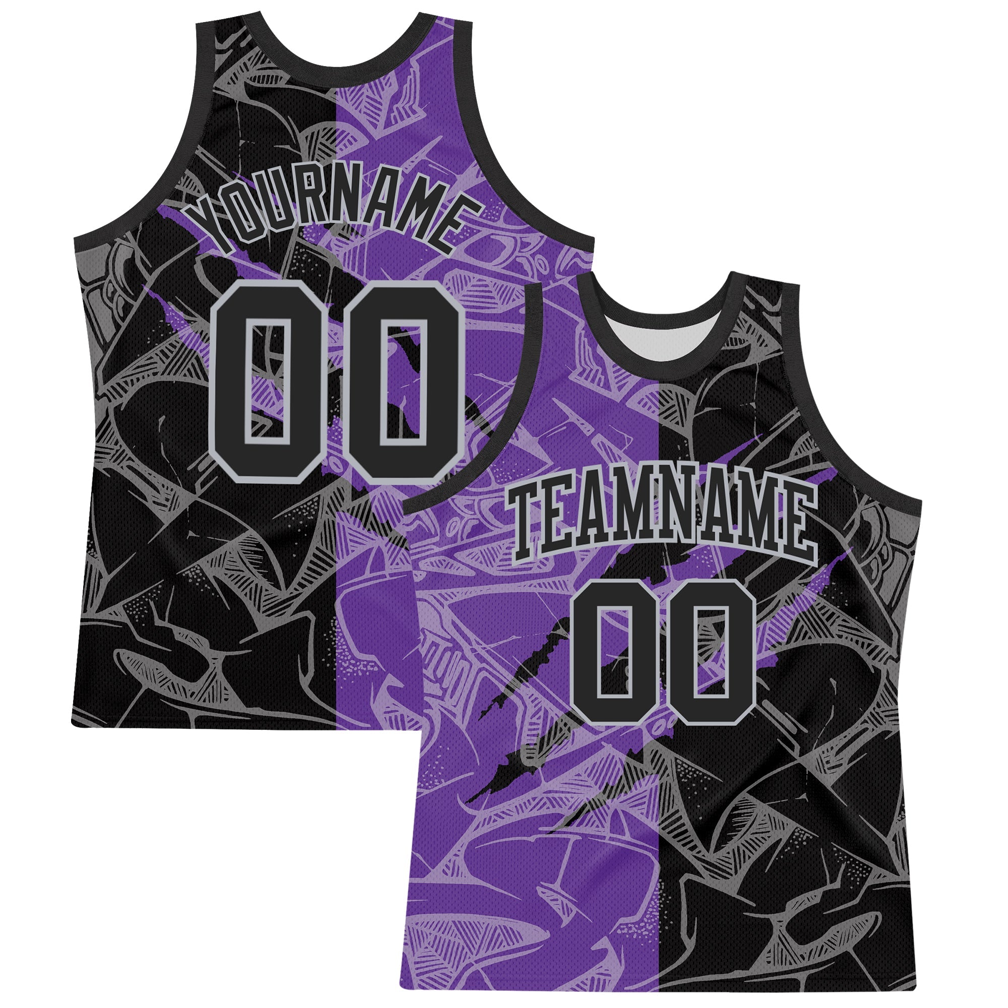 Custom Graffiti Pattern Black Purple-Gray Scratch Round Neck Sublimation Basketball Suit Jersey