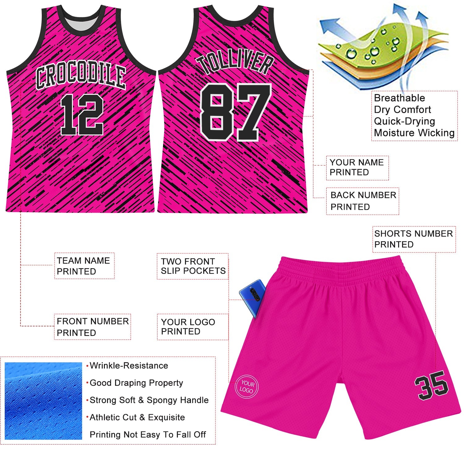 Custom Pink Black-White Line Round Neck Sublimation Basketball Suit Jersey