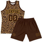 Custom Brown Old Gold Leopard Print Round Neck Sublimation Basketball Suit Jersey