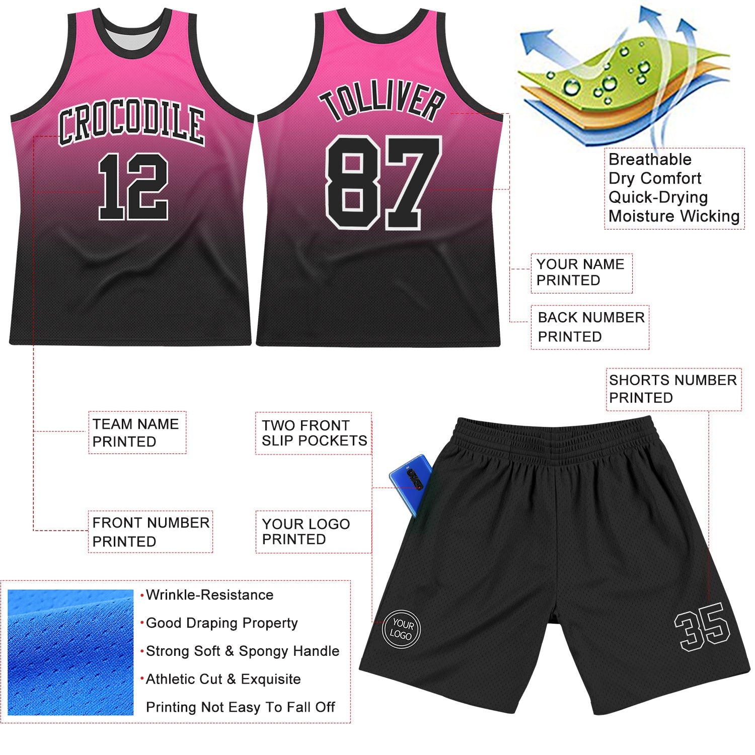 Custom Pink Black-White Fade Fashion Round Neck Sublimation Basketball Suit Jersey