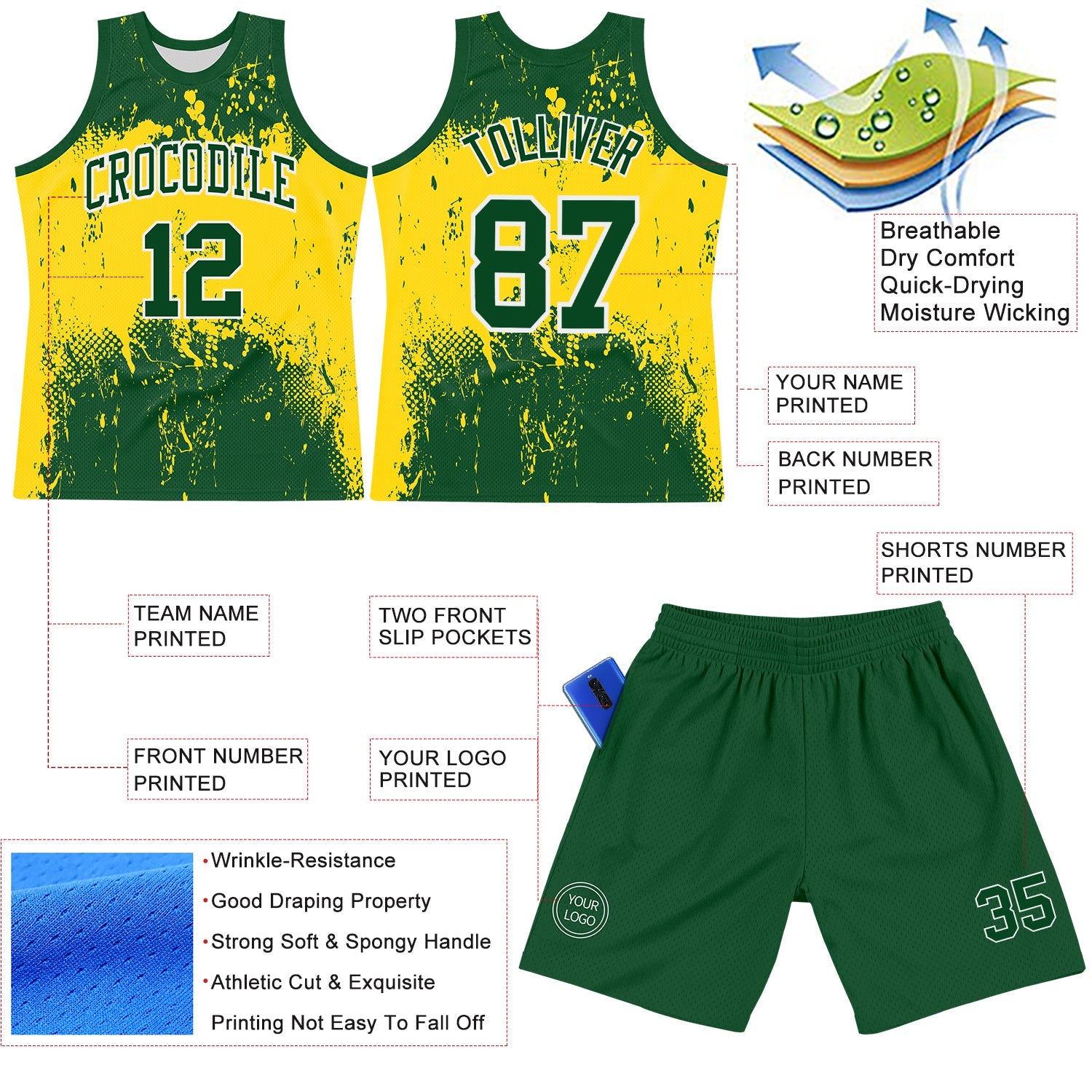Custom Green Yellow-White Abstract Splatter Grunge Art Round Neck Sublimation Basketball Suit Jersey