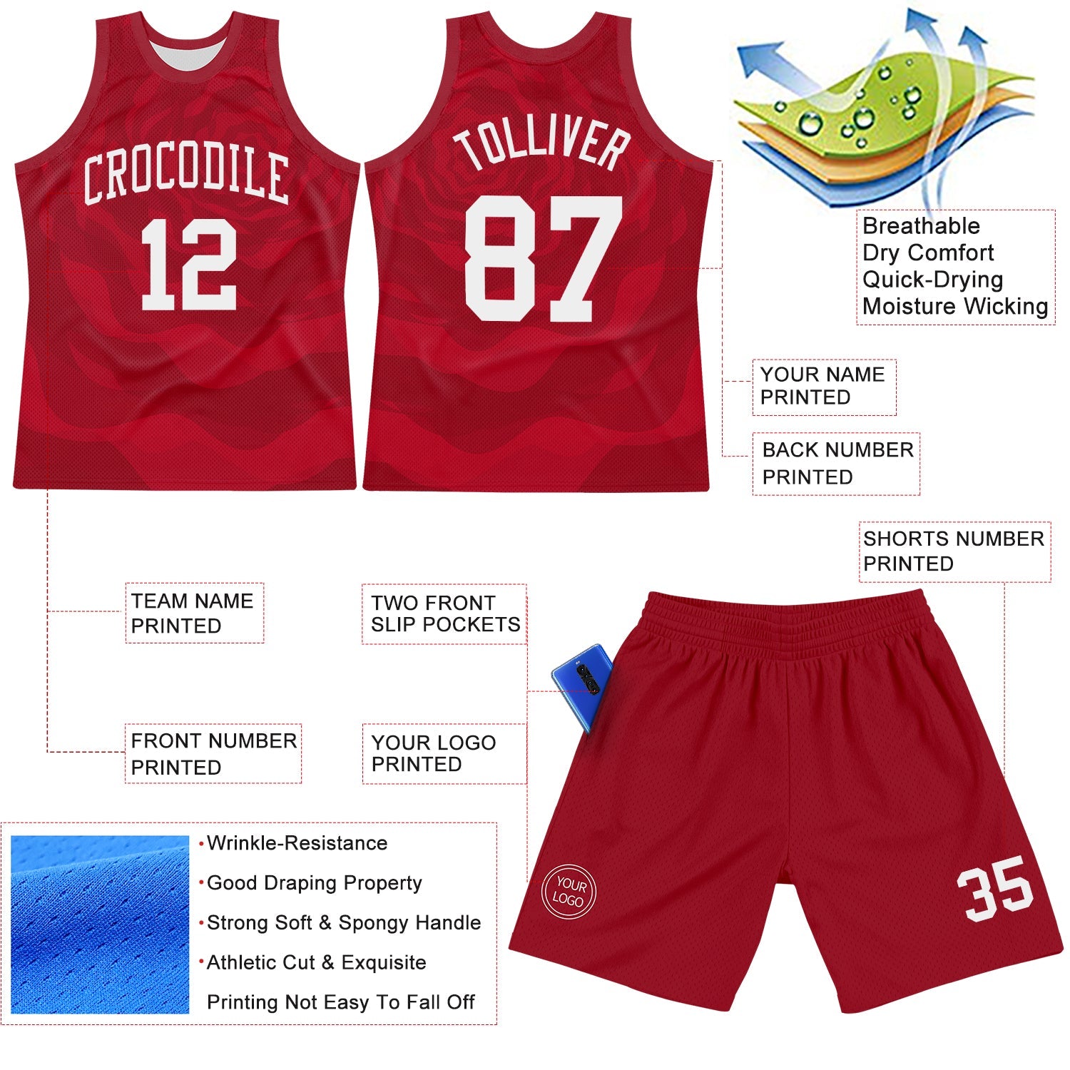 Custom Red White Fluid Art Round Neck Sublimation Basketball Suit Jersey