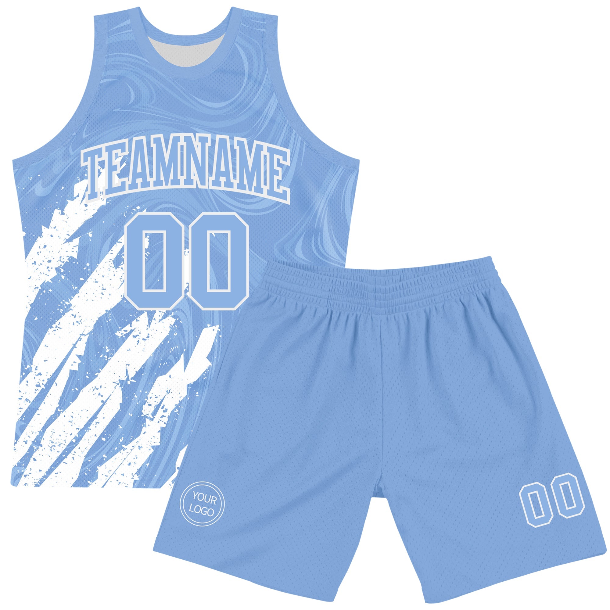 Custom Light Blue White Splash Round Neck Sublimation Basketball Suit Jersey