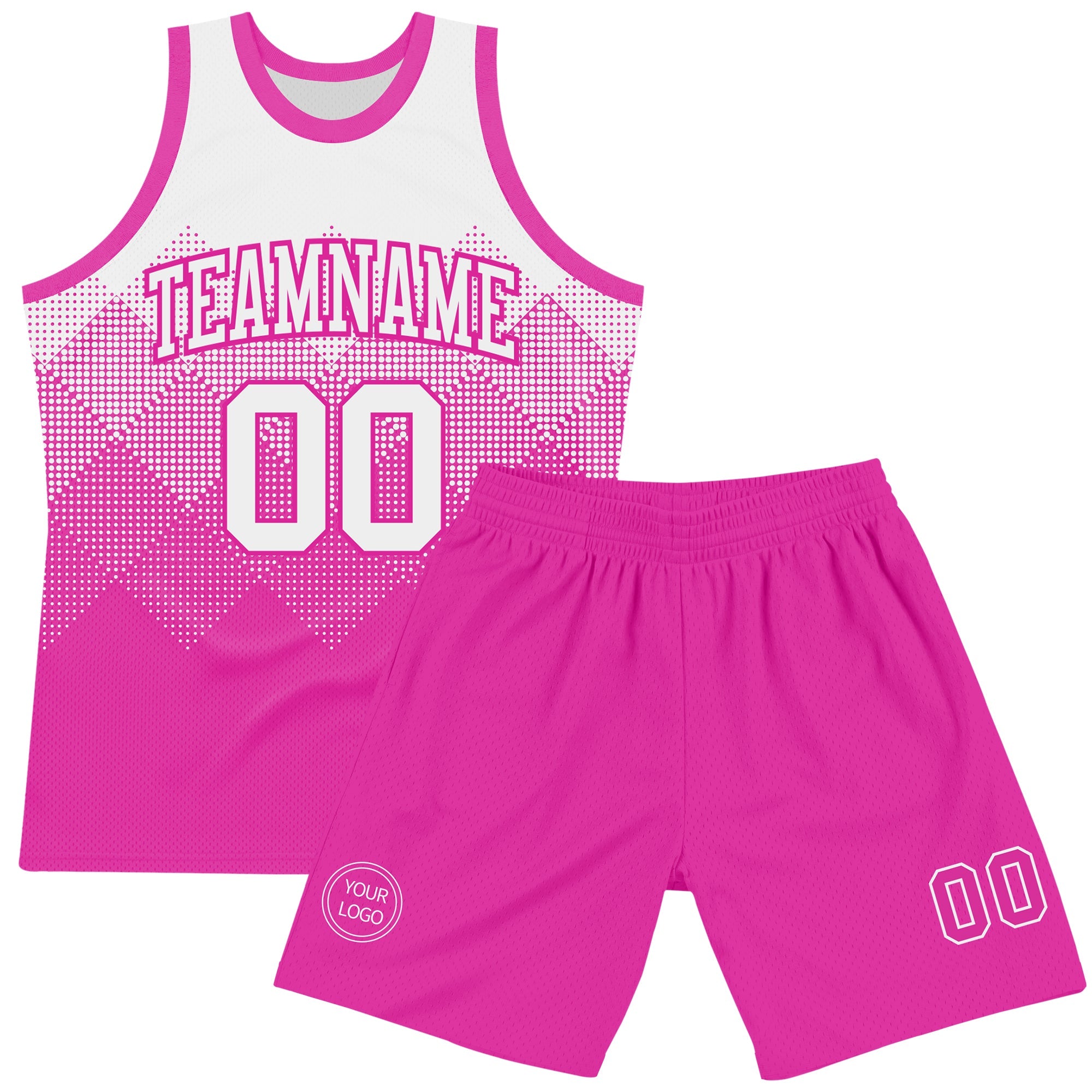 Custom White Deep Pink Gradient Square Shapes Round Neck Sublimation Basketball Suit Jersey