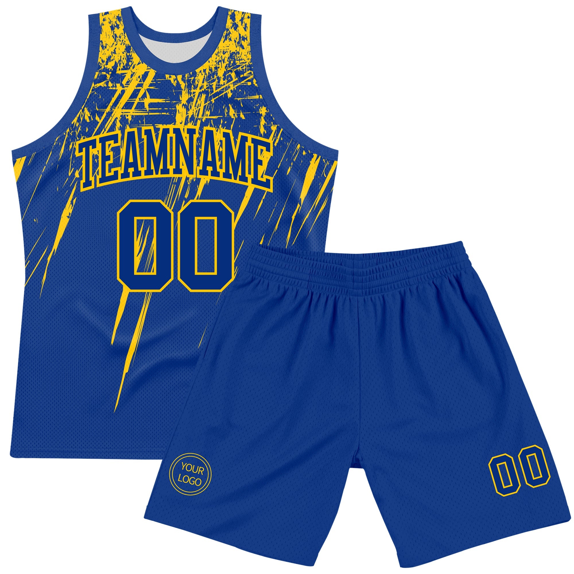 Custom Royal Yellow Splash Round Neck Sublimation Basketball Suit Jersey