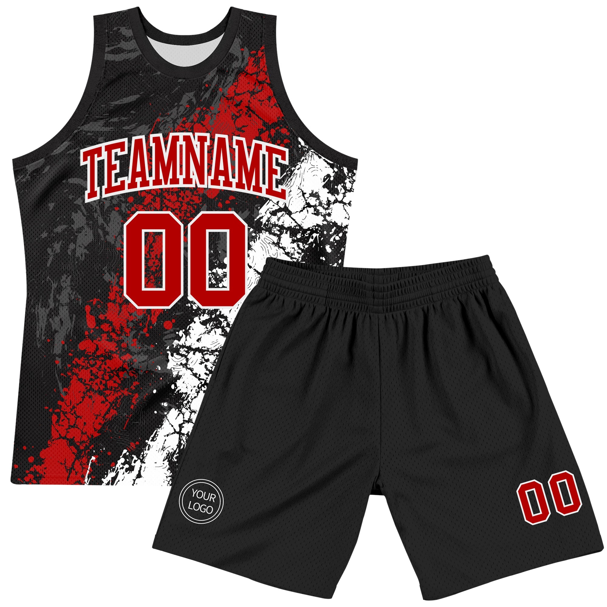 Custom Black Red-White Splash Round Neck Sublimation Basketball Suit Jersey