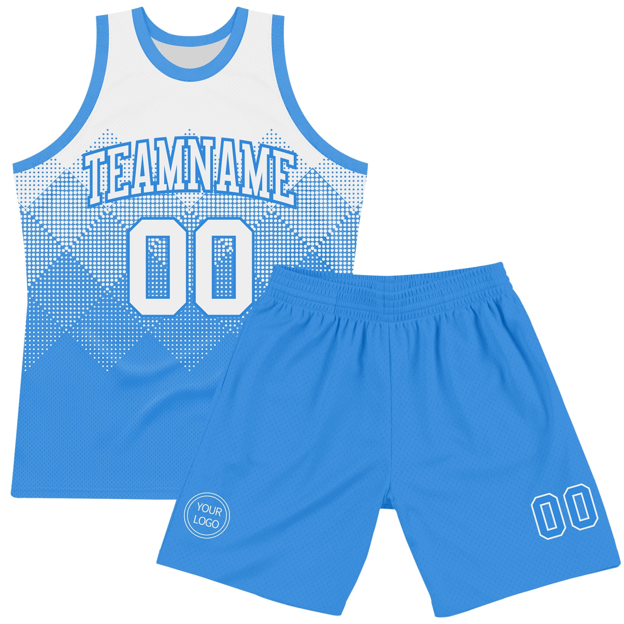 Custom White Powder Blue Gradient Square Shapes Round Neck Sublimation Basketball Suit Jersey