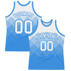 Custom White Powder Blue Gradient Square Shapes Round Neck Sublimation Basketball Suit Jersey