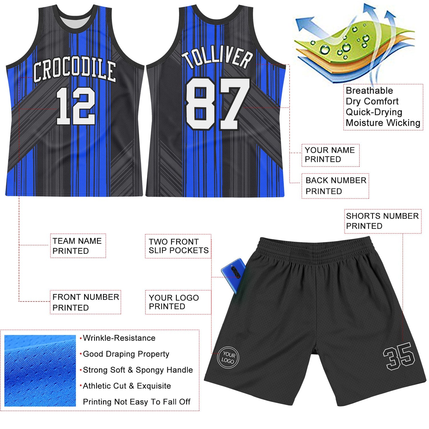 Custom Black White-Royal Line Round Neck Sublimation Basketball Suit Jersey