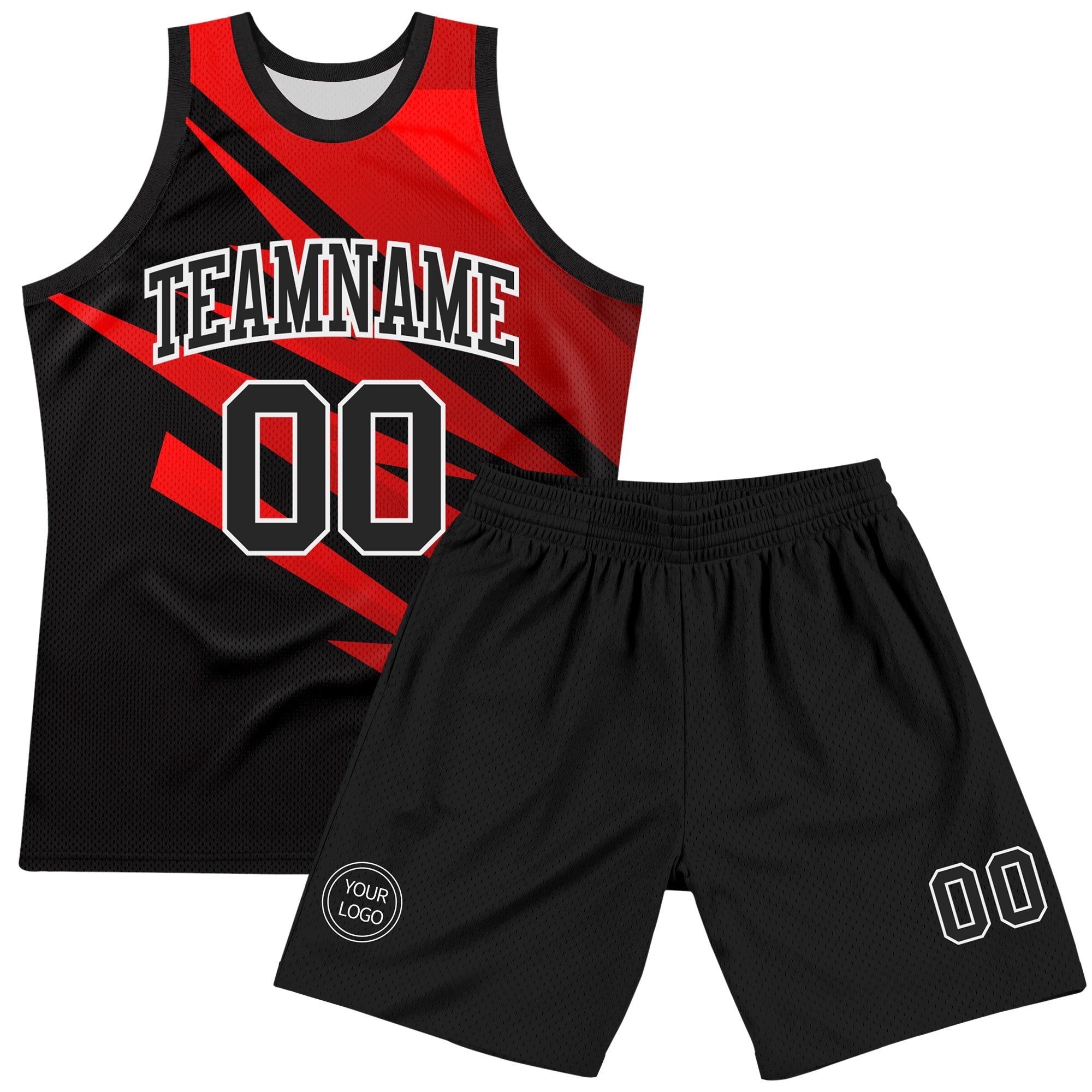 Custom Black Red-White Line Round Neck Sublimation Basketball Suit Jersey
