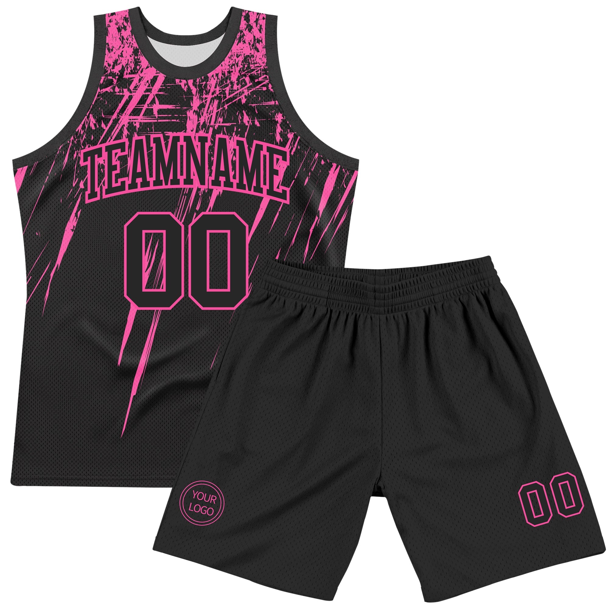 Custom Black Pink Splash Round Neck Sublimation Basketball Suit Jersey