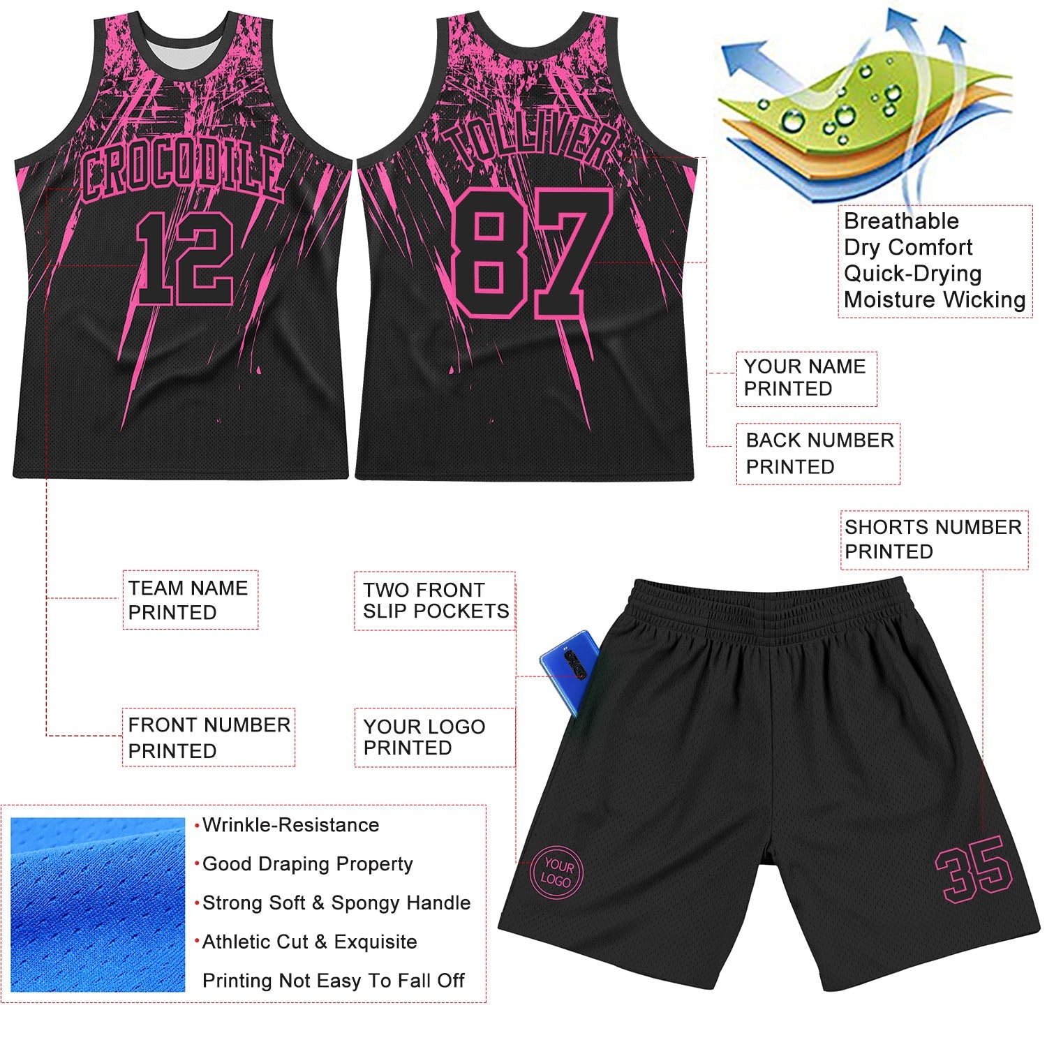 Custom Black Pink Splash Round Neck Sublimation Basketball Suit Jersey