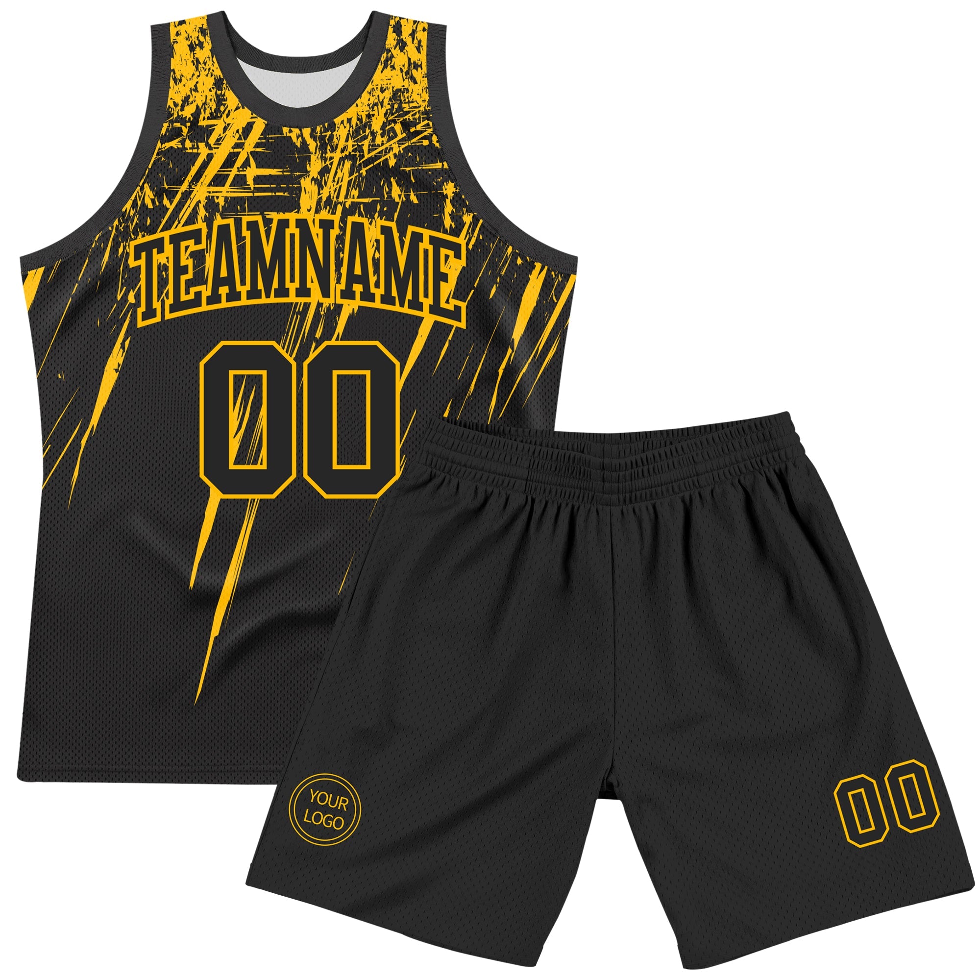 Custom Black Gold Splash Round Neck Sublimation Basketball Suit Jersey