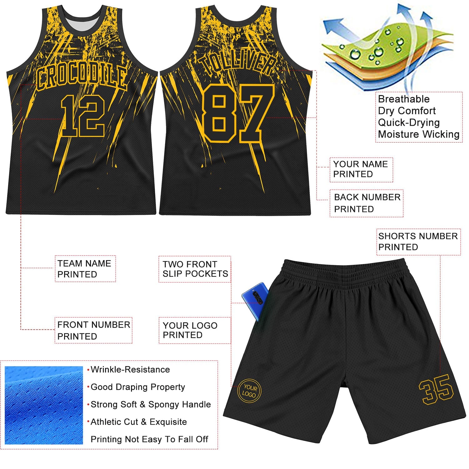 Custom Black Gold Splash Round Neck Sublimation Basketball Suit Jersey