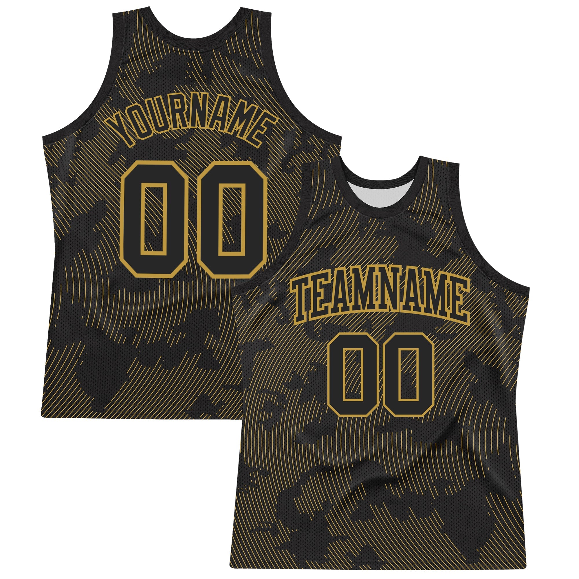 Custom Black Old Gold Curve Lines Round Neck Sublimation Basketball Suit Jersey