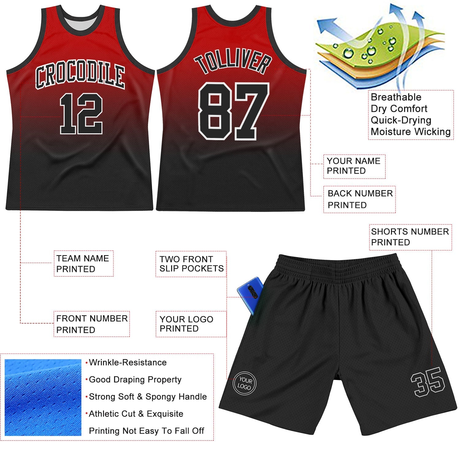 Custom Red Black-White Fade Fashion Round Neck Sublimation Basketball Suit Jersey