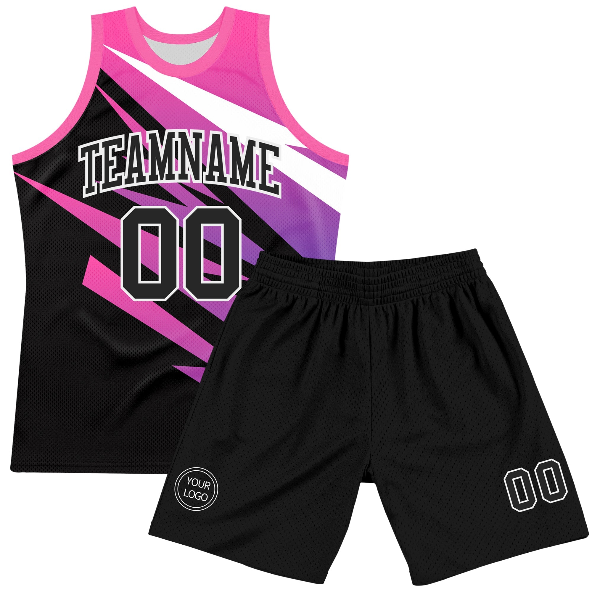 Custom Pink Black-White Line Round Neck Sublimation Basketball Suit Jersey
