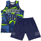 Custom Navy Neon Green-White Geometric Shape Round Neck Sublimation Basketball Suit Jersey