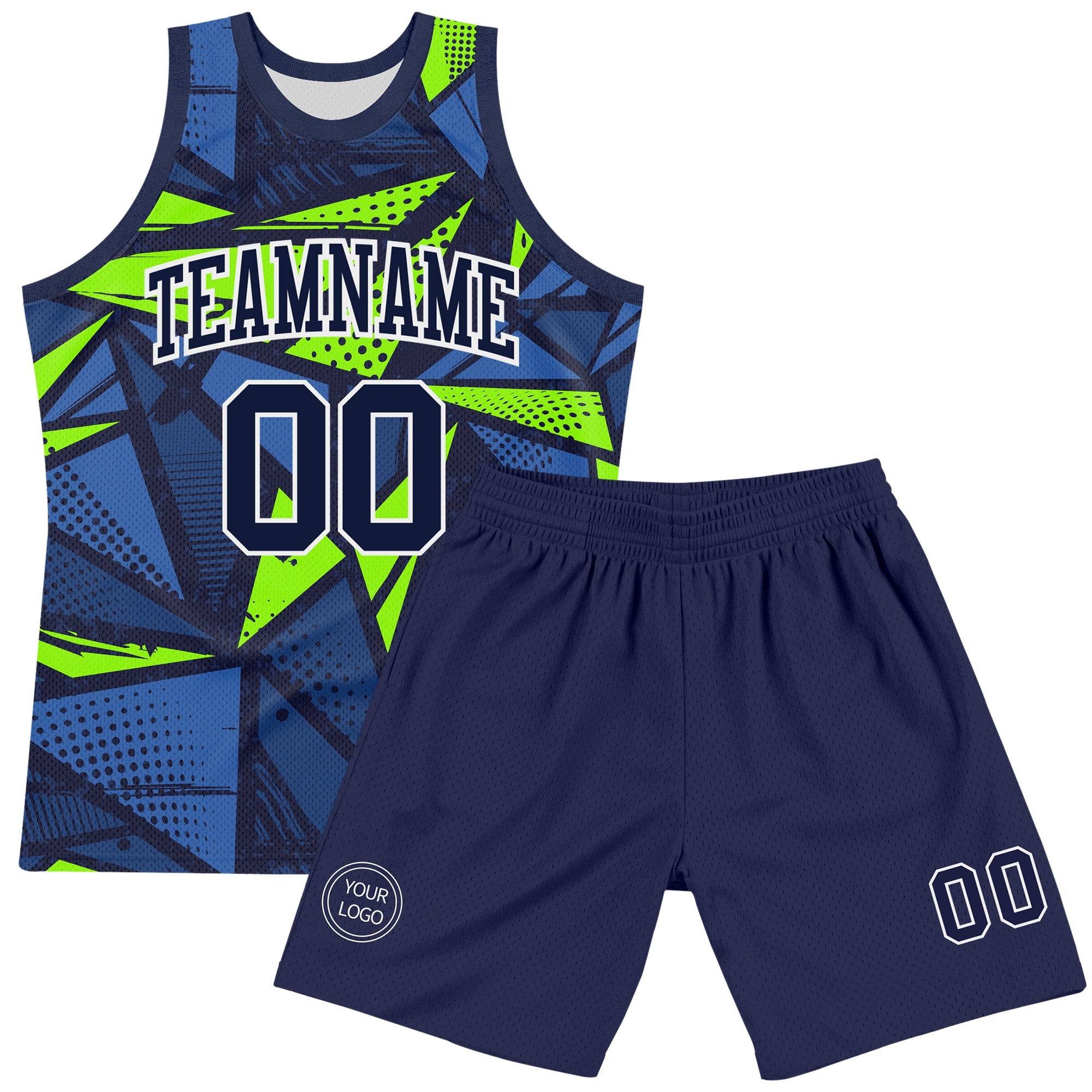 Custom Navy Neon Green-White Geometric Shape Round Neck Sublimation Basketball Suit Jersey