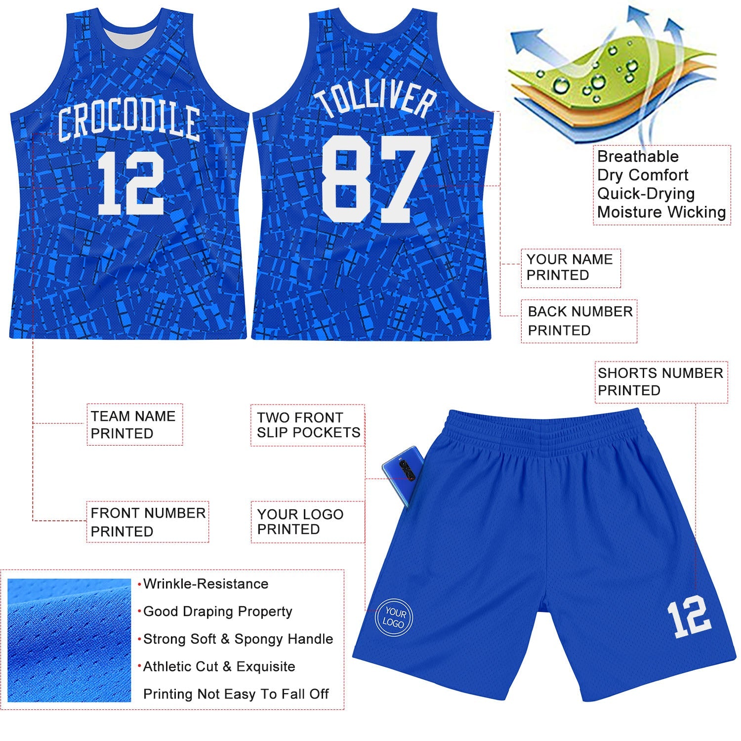 Custom Royal White Round Line Neck Sublimation Basketball Suit Jersey