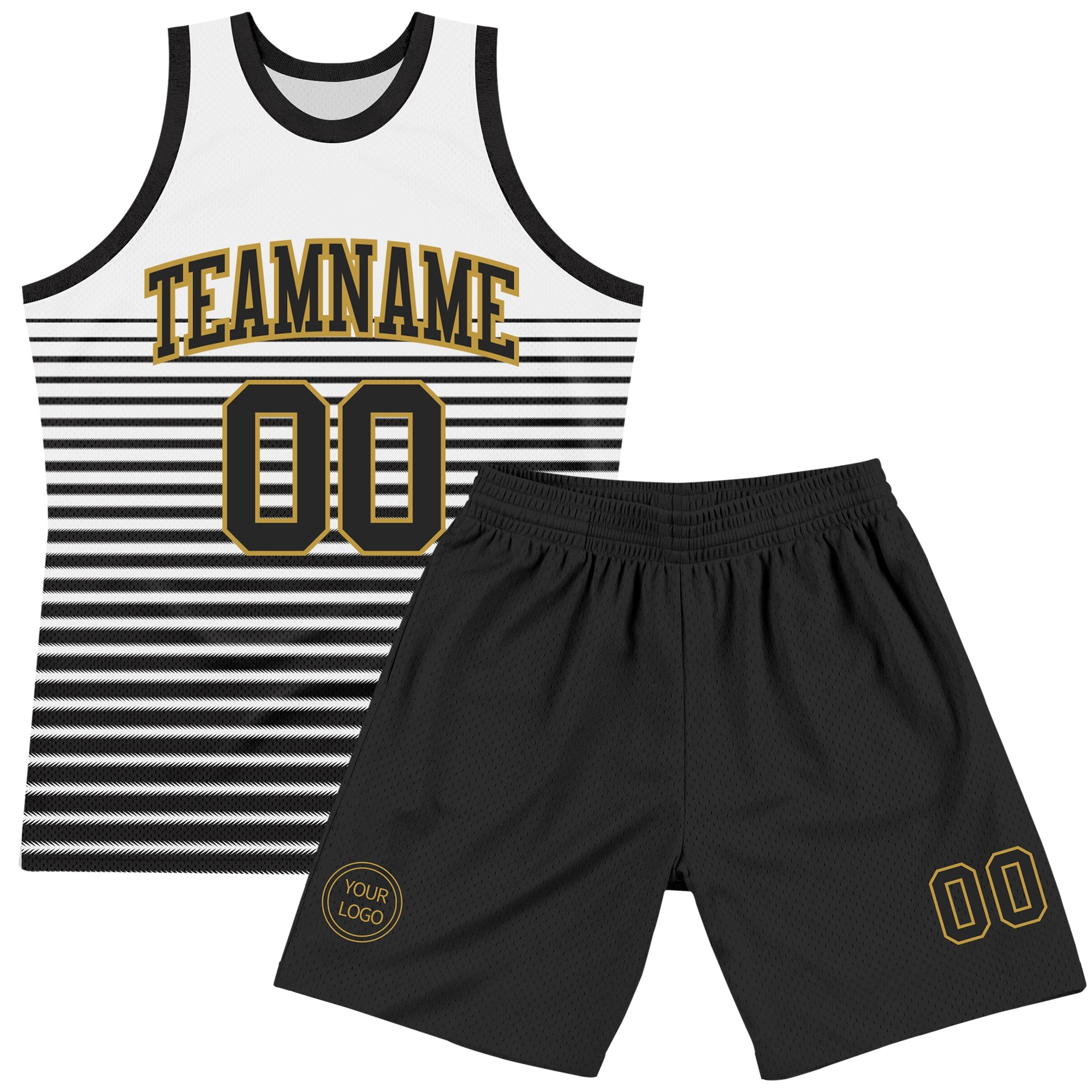 Custom White Black-Old Gold Pinstripe Fade Fashion Round Neck Sublimation Basketball Suit Jersey