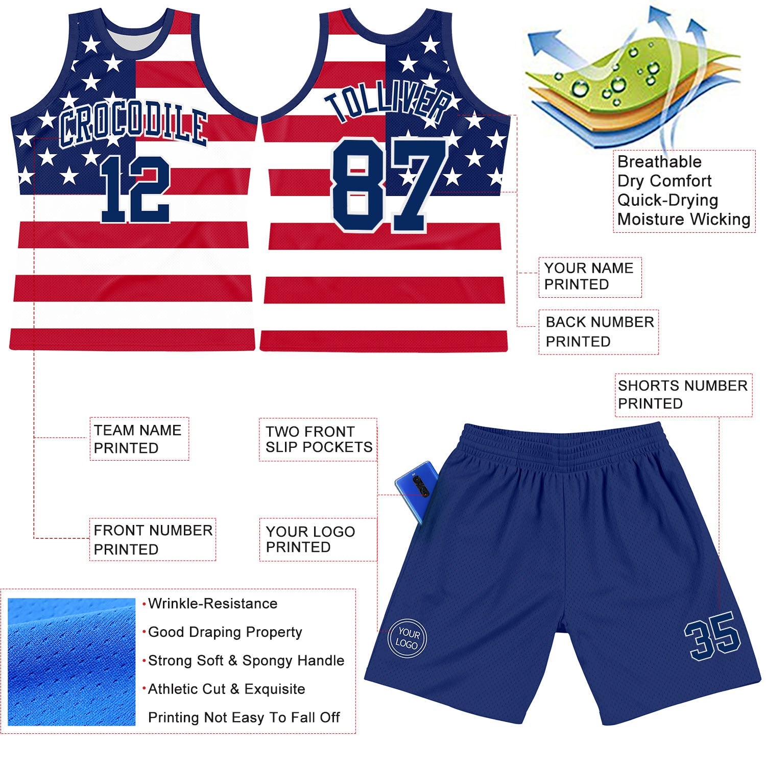 Custom Red Royal-White American Flag Round Neck Sublimation Basketball Suit Jersey