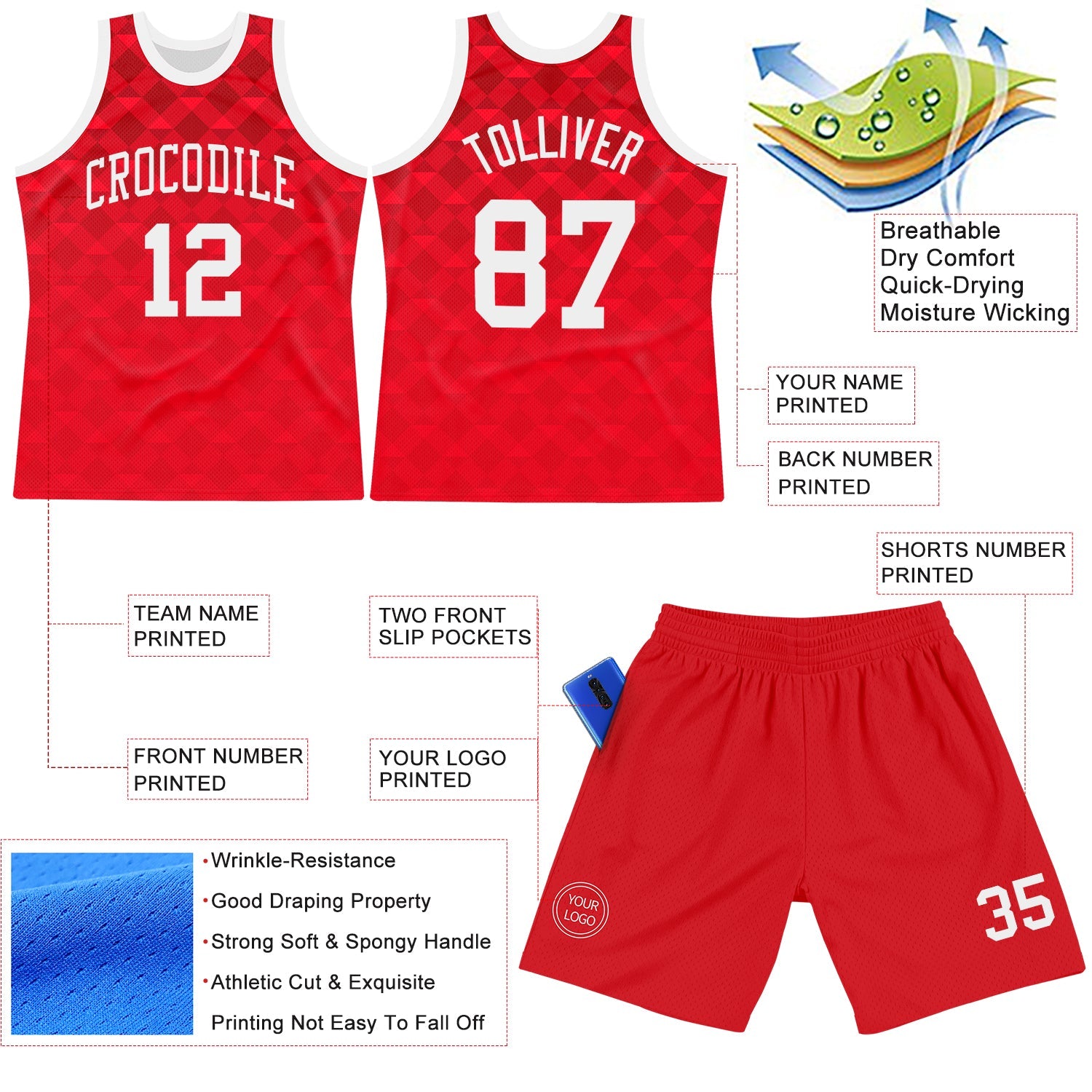 Custom Red White Geometric Shape Round Neck Sublimation Basketball Suit Jersey