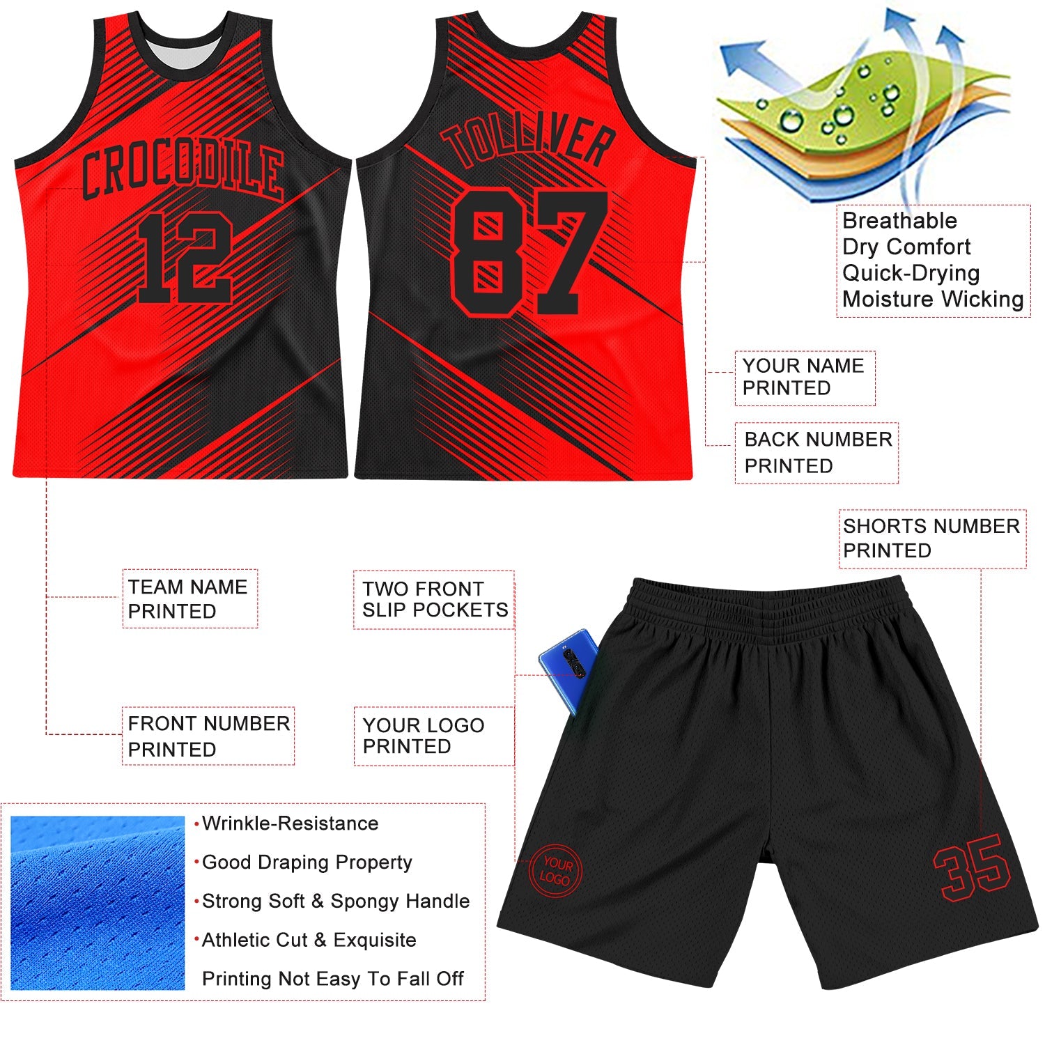 Custom Red Black Line Round Neck Sublimation Basketball Suit Jersey