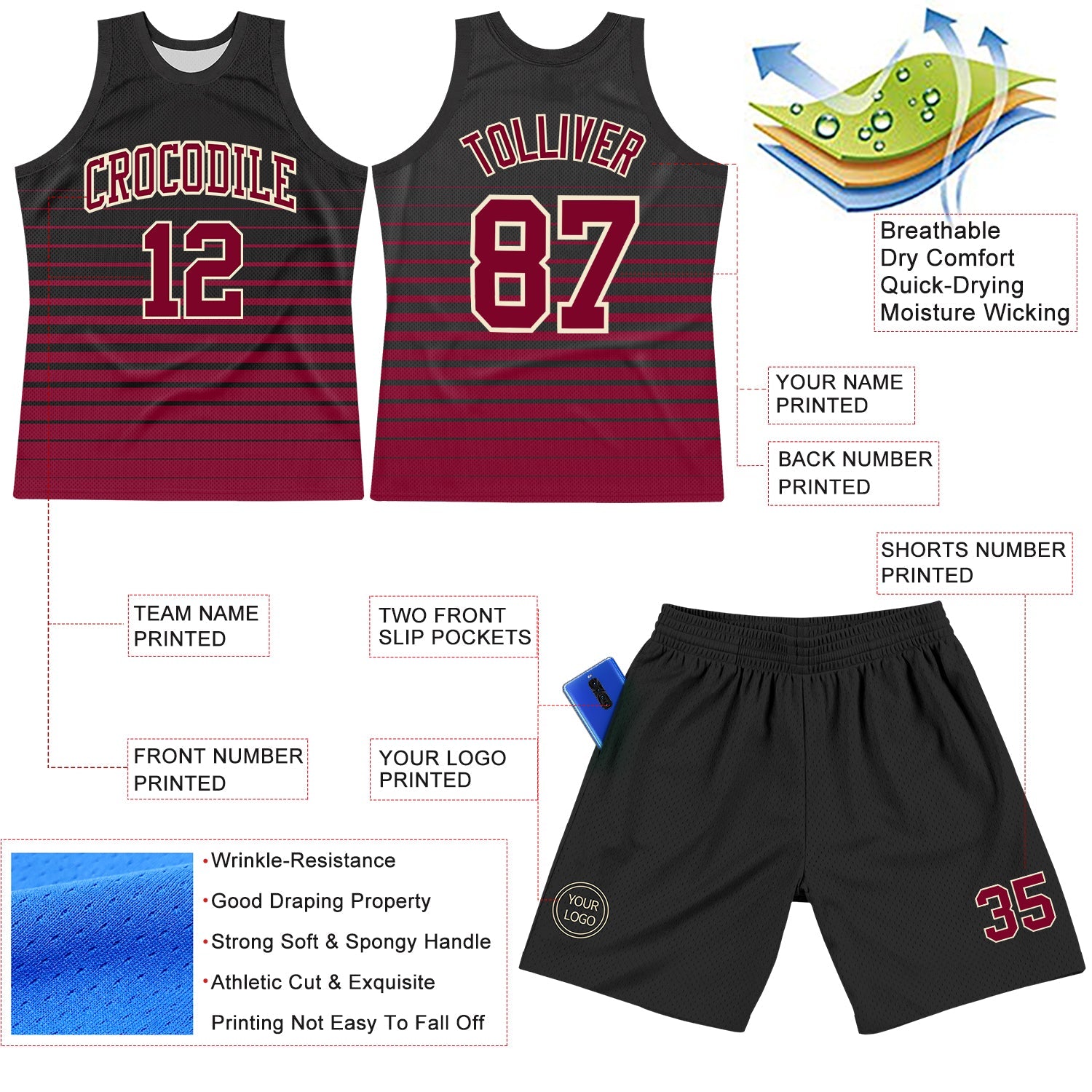 Custom Black Maroon-Cream Pinstripe Fade Fashion Round Neck Sublimation Basketball Suit Jersey