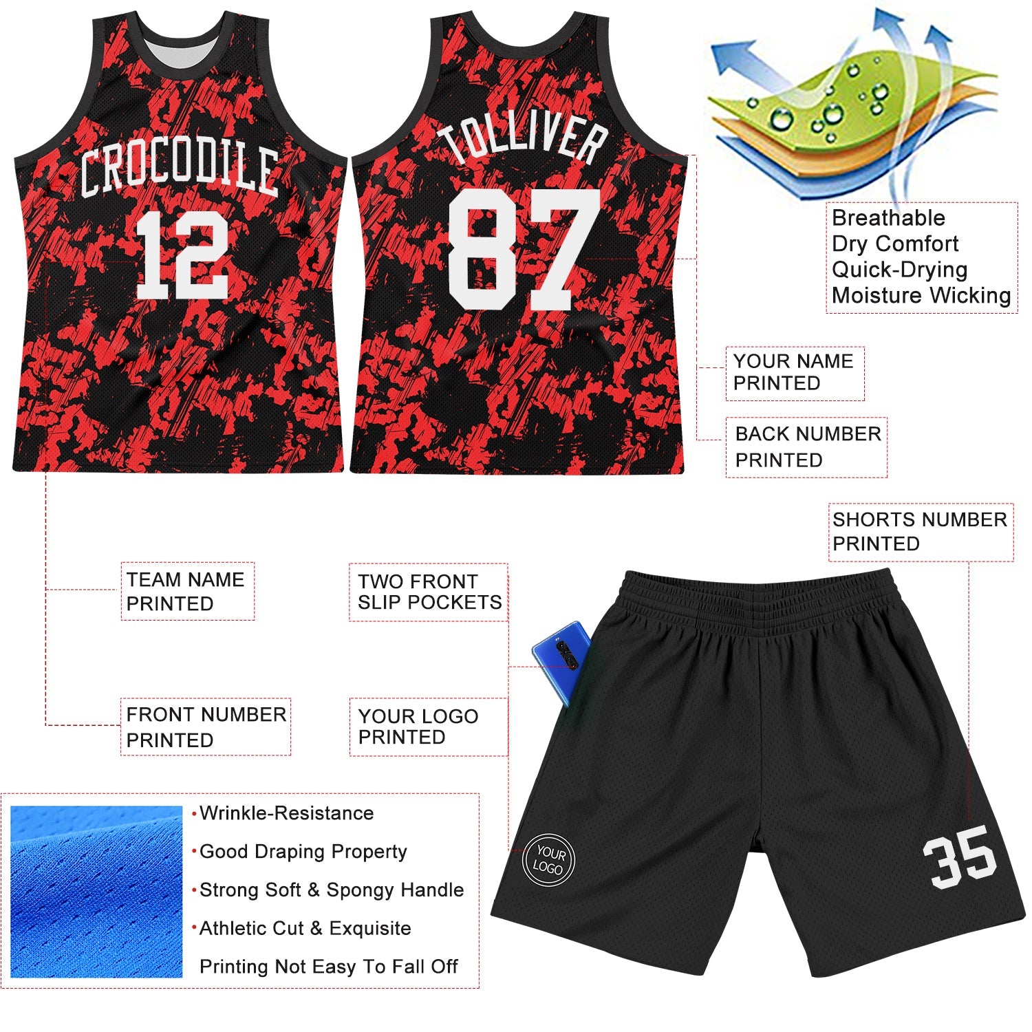 Custom Black White-Red Splash Round Neck Sublimation Basketball Suit Jersey