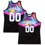 Custom Black White Pink-Light Blue Splash Round Neck Sublimation Basketball Suit Jersey
