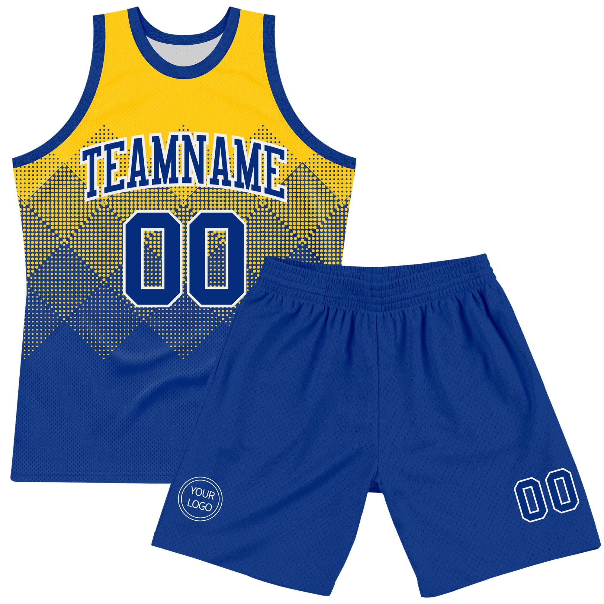 Custom Yellow Royal-White Gradient Square Shapes Round Neck Sublimation Basketball Suit Jersey
