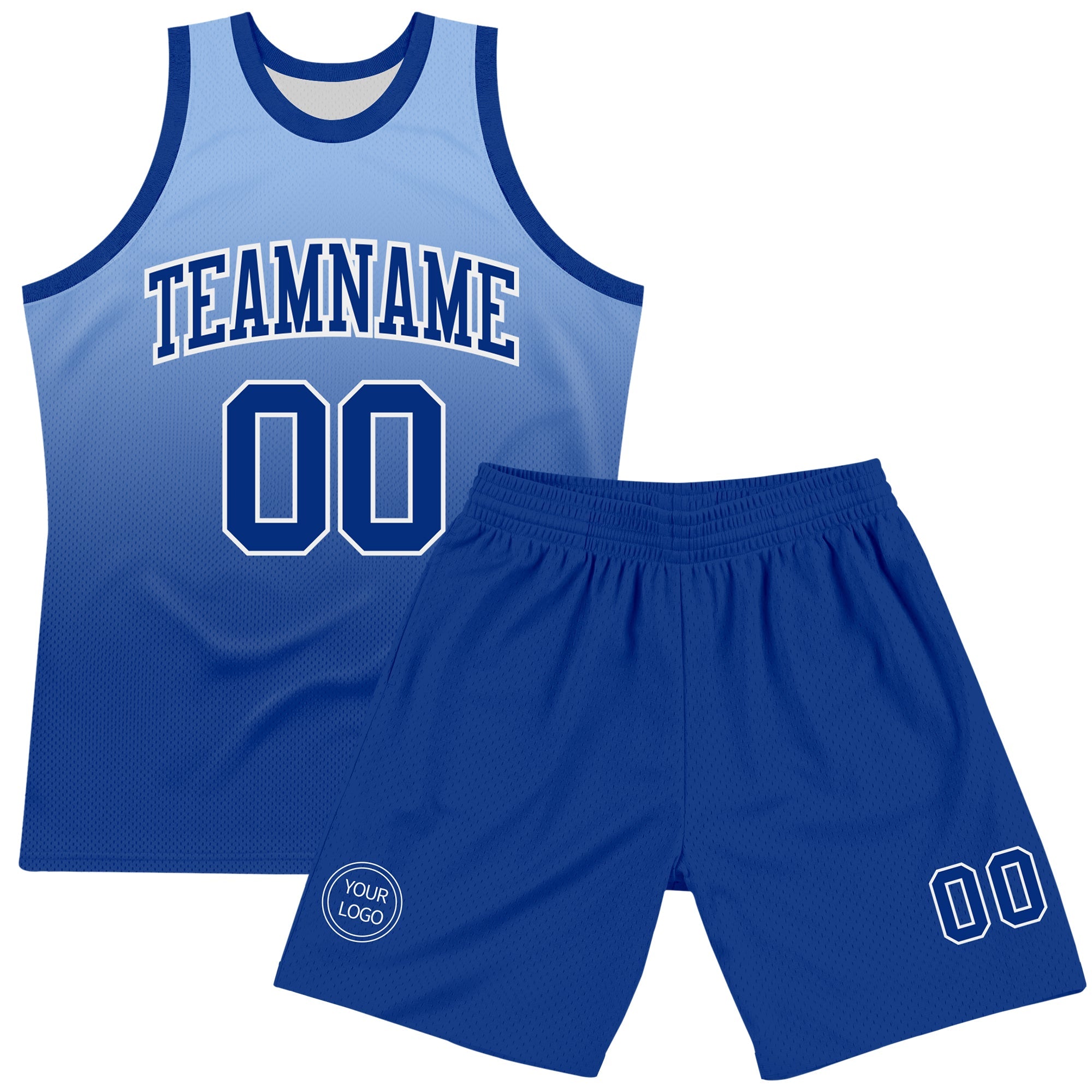 Custom Light Blue Royal-White Fade Fashion Round Neck Sublimation Basketball Suit Jersey