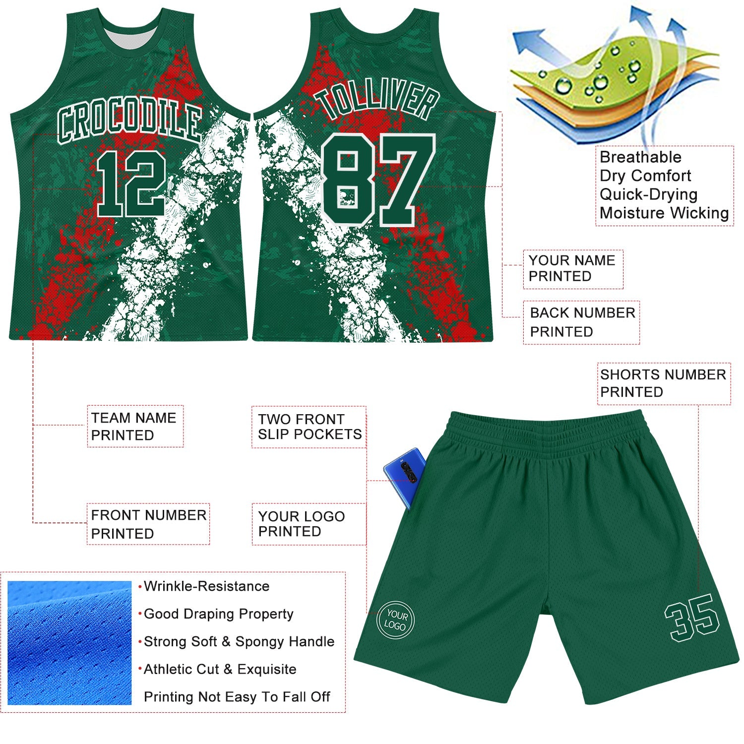 Custom Green Red-White Splash Round Neck Sublimation Basketball Suit Jersey
