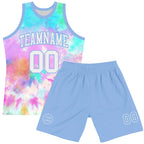 Custom Tie Dye White-Light Blue Round Neck Sublimation Basketball Suit Jersey