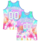 Custom Tie Dye White-Light Blue Round Neck Sublimation Basketball Suit Jersey