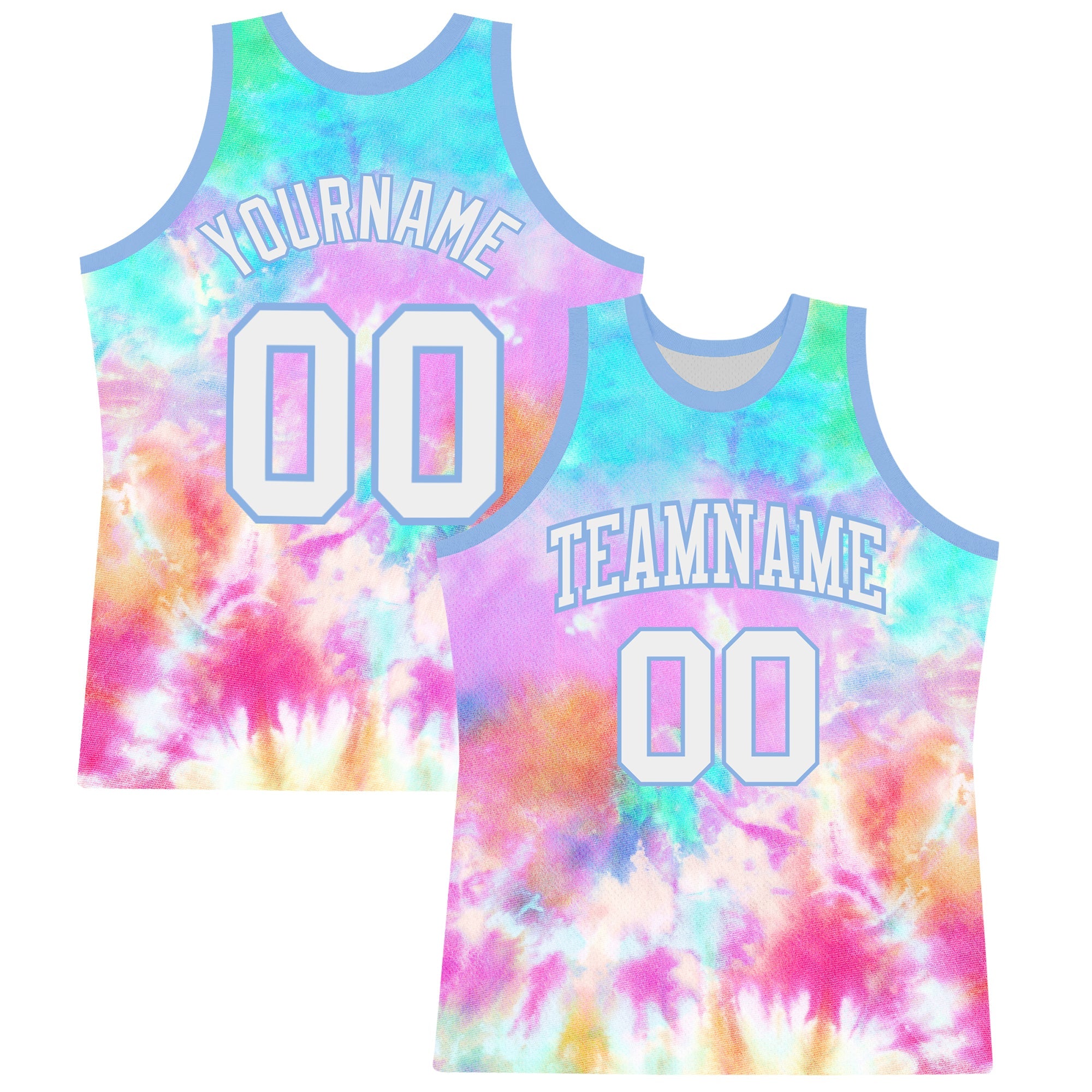 Custom Tie Dye White-Light Blue Round Neck Sublimation Basketball Suit Jersey