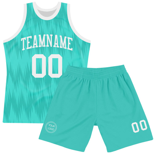 Custom Aqua White Wave Round Neck Sublimation Basketball Suit Jersey