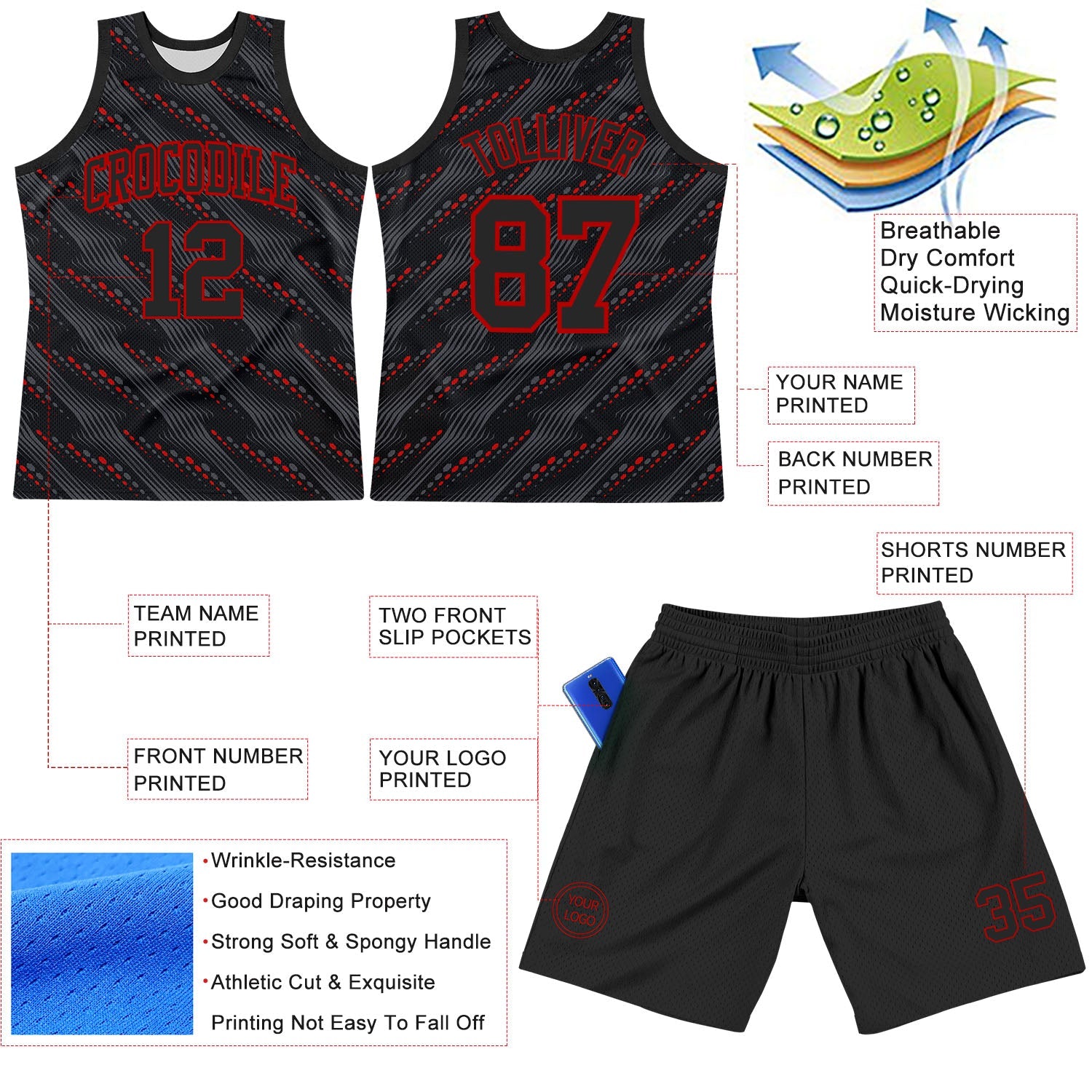 Custom Black Red Slant Lines Round Neck Sublimation Basketball Suit Jersey