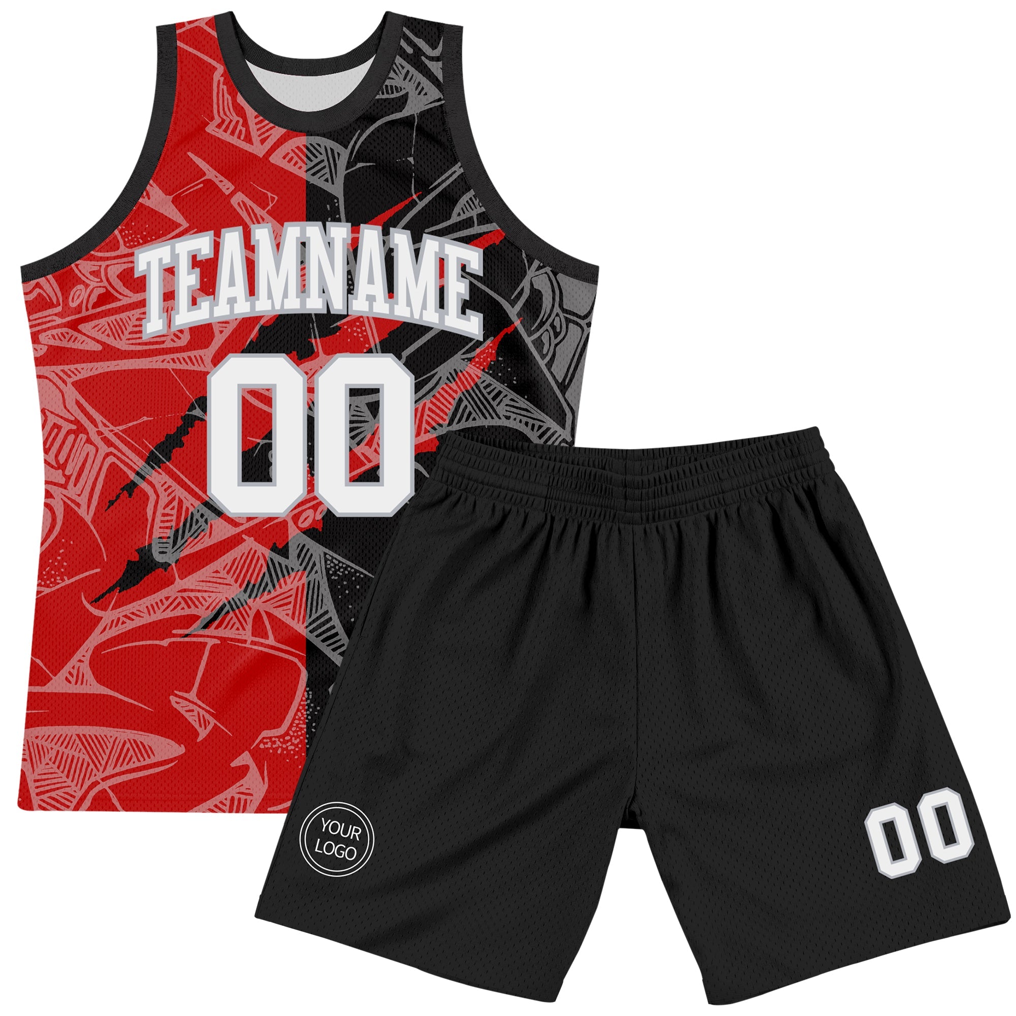 Custom Graffiti Pattern White Black Red-Gray Scratch Round Neck Sublimation Basketball Suit Jersey