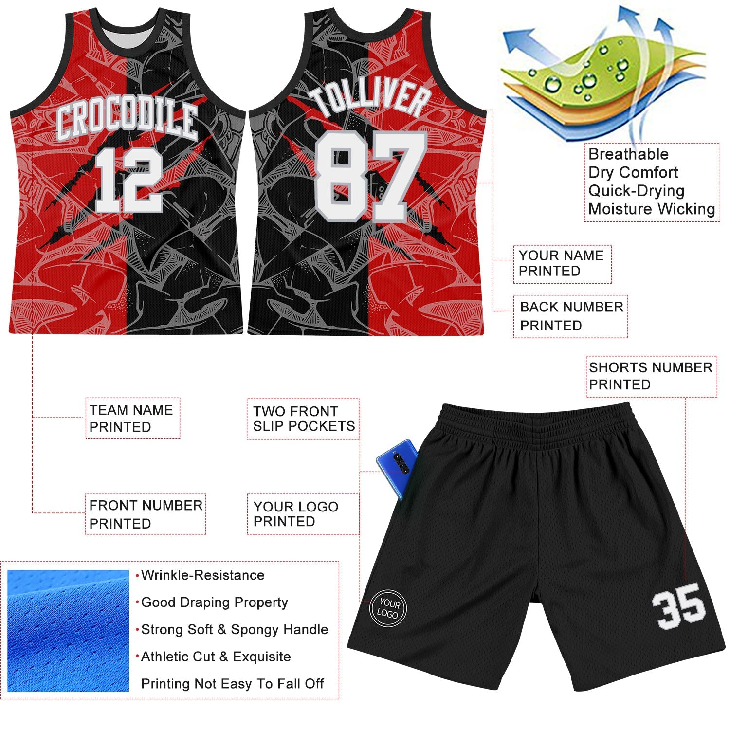Custom Graffiti Pattern White Black Red-Gray Scratch Round Neck Sublimation Basketball Suit Jersey