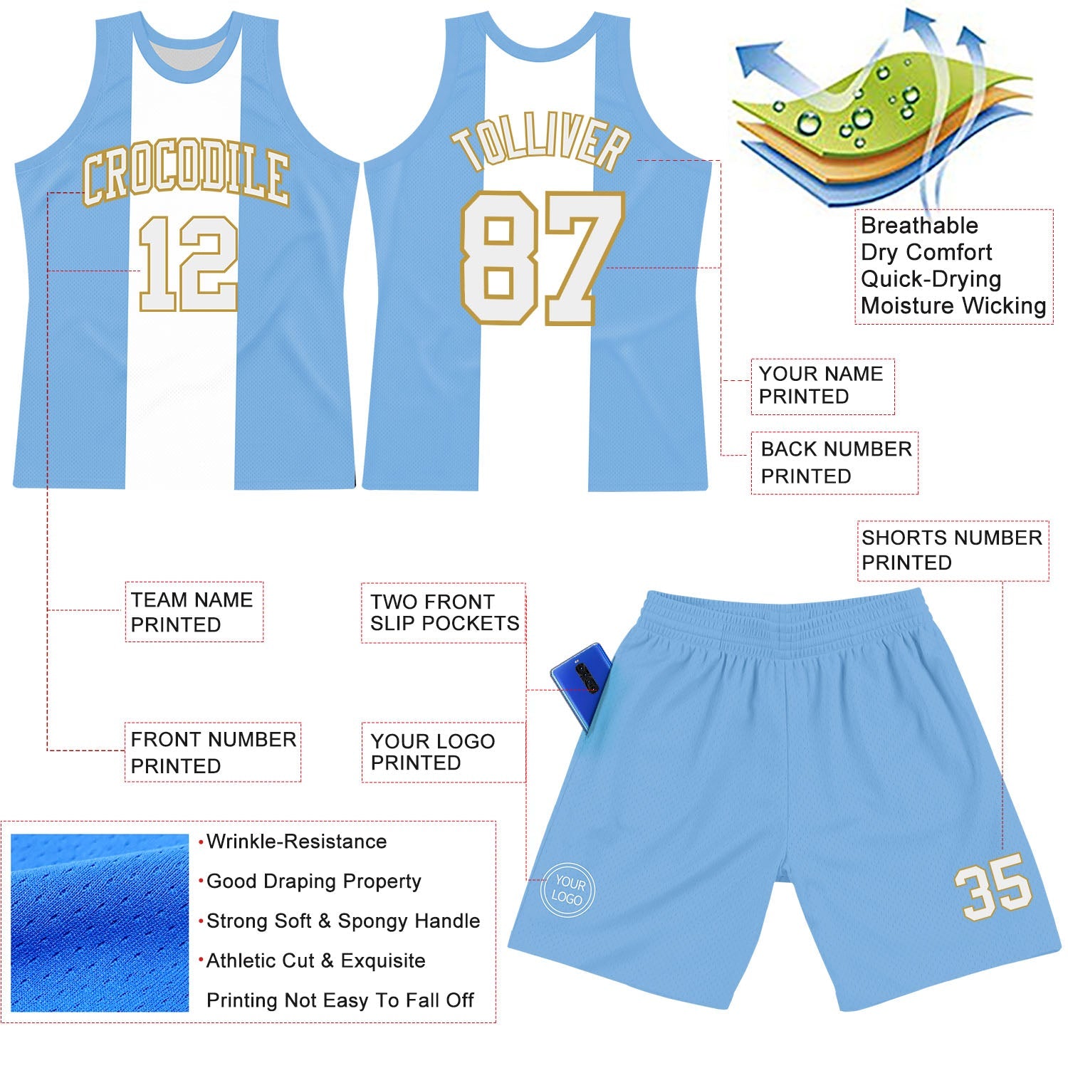 Custom Light Blue White-Old Gold Argentinian Flag Round Neck Sublimation Basketball Suit Jersey