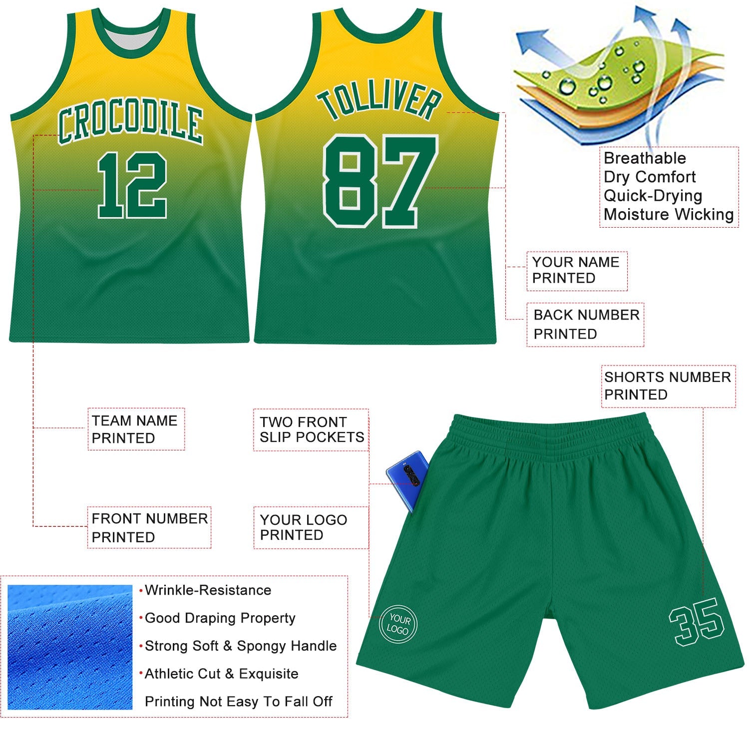 Custom Yellow Kelly Green-White Fade Fashion Round Neck Sublimation Basketball Suit Jersey