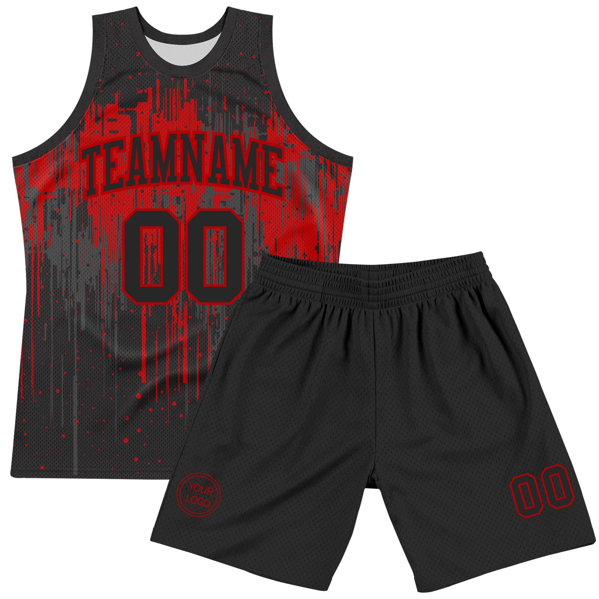Custom Black Red Dripping Splatter Art Round Neck Sublimation Basketball Suit Jersey