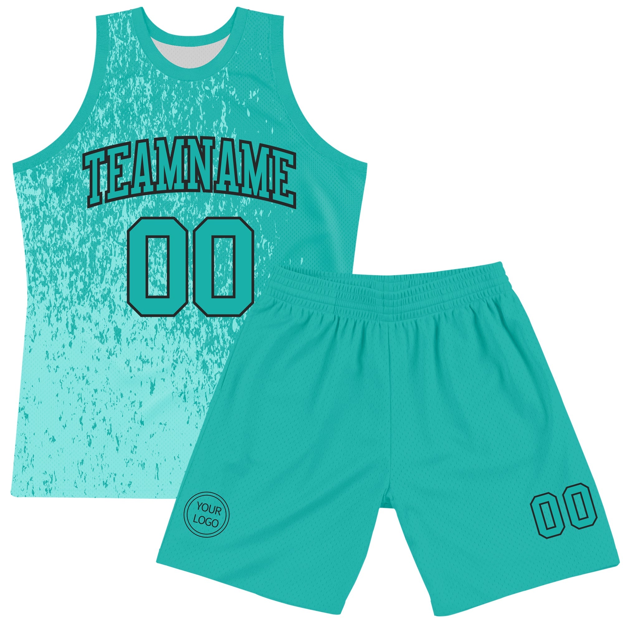 Custom Aqua Black Fragment Art Round Neck Sublimation Basketball Suit Jersey