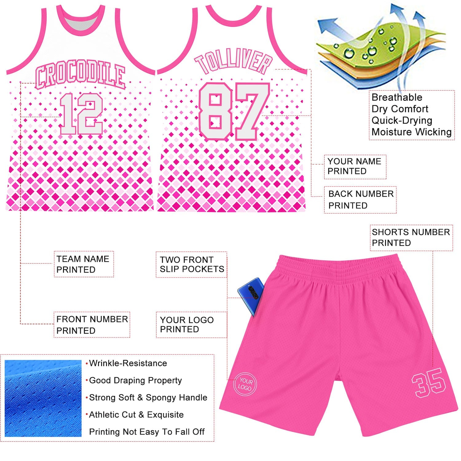 Custom White Pink Gradient Square Shapes Round Neck Sublimation Basketball Suit Jersey