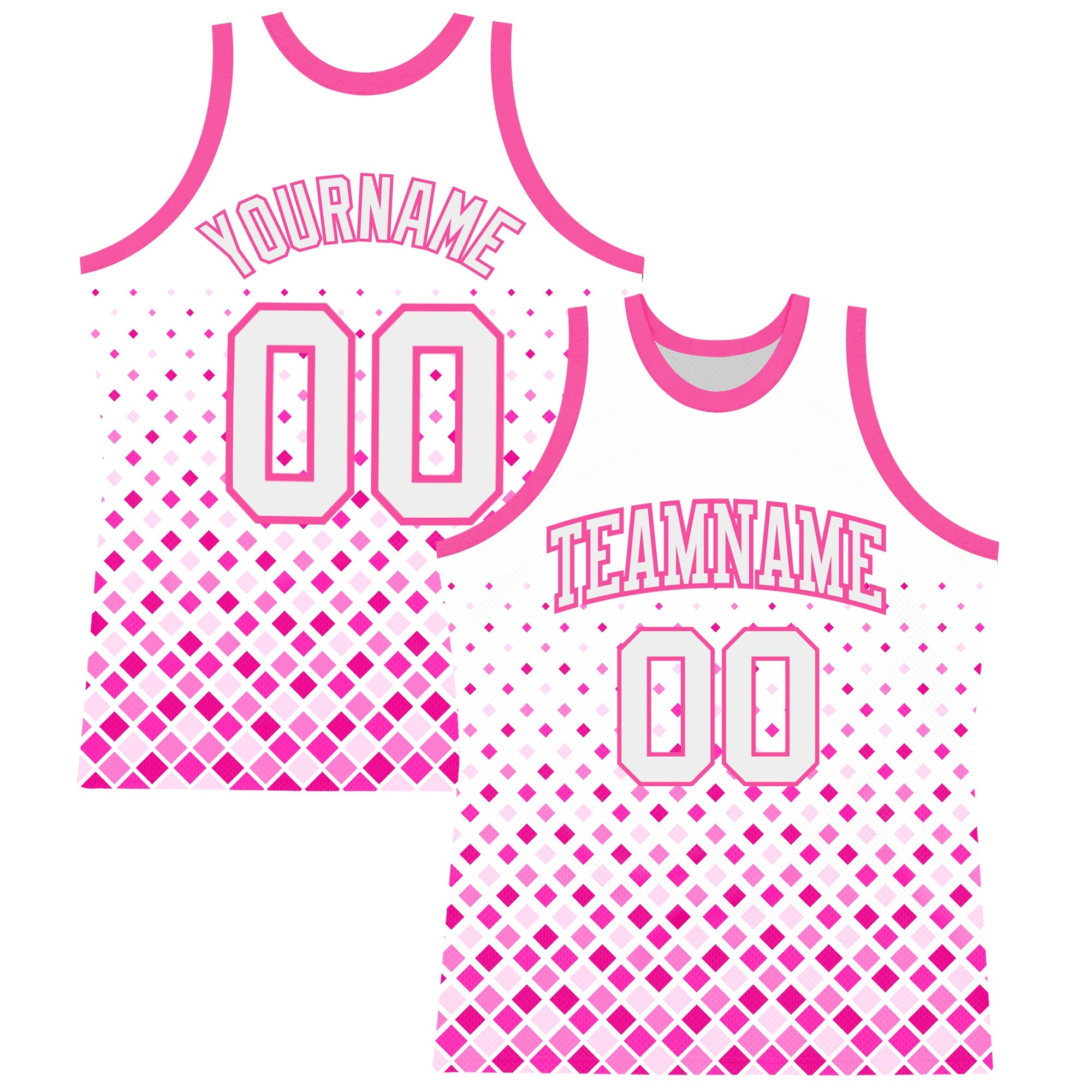 Custom White Pink Gradient Square Shapes Round Neck Sublimation Basketball Suit Jersey